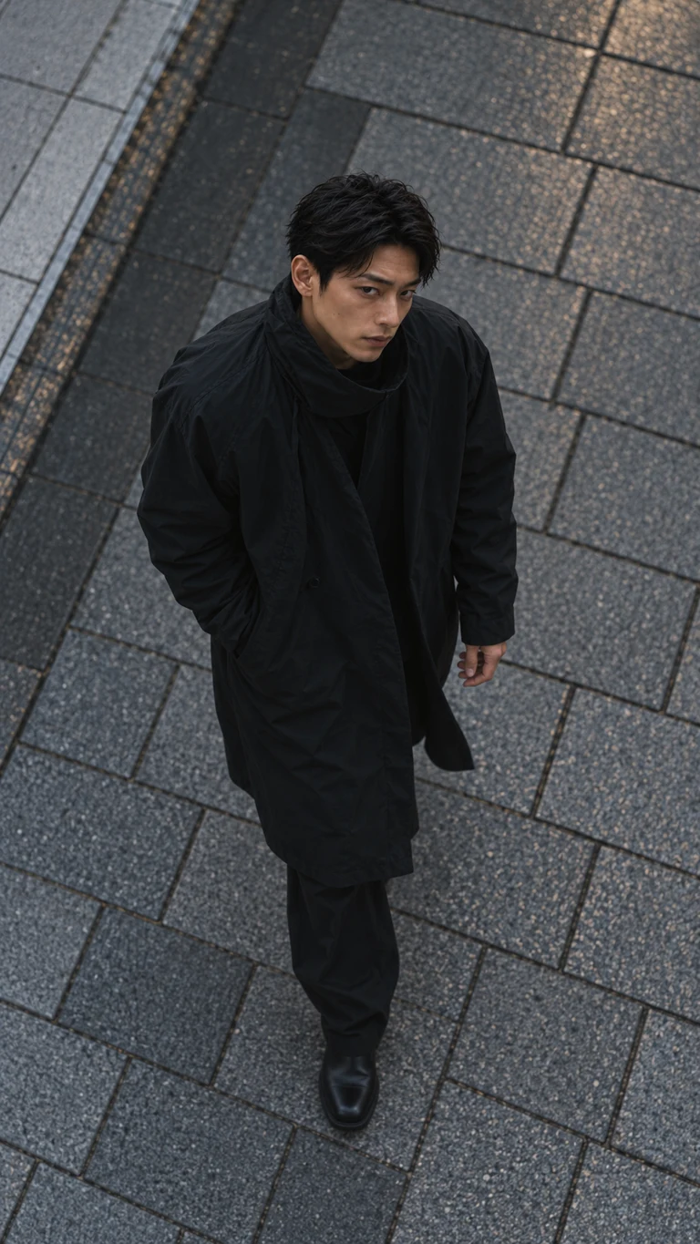 灰色の石畳の上を歩く、黒いコートの男性を高い位置から捉えた開始画像